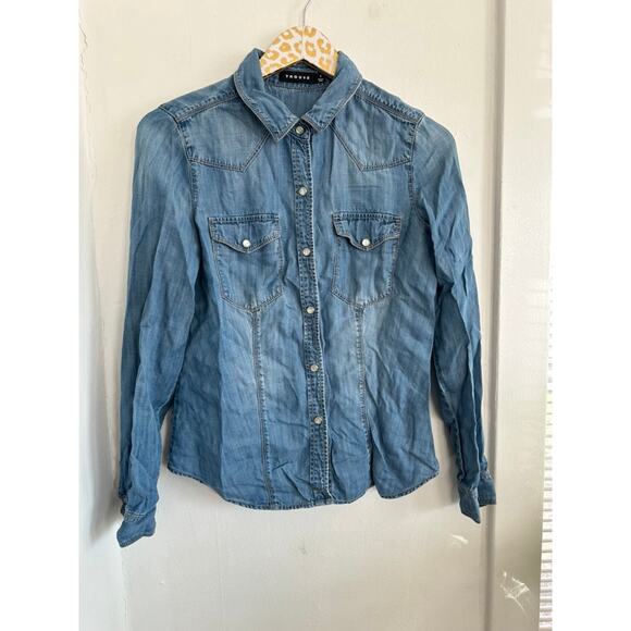 Trouve Women's Blue Denim Snap Front Blouse | Size Small - Picture 1 of 4